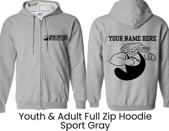 NMWA New Milford Wrestling Sport Gray Full Zip Hoodie New Milford Wrestling Small  - Youth & Adult
