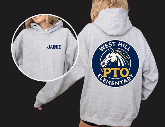 WHE Sport Gray Hoodie -West Hill PTO LOGO on Back with Name on Front- Youth & Adult