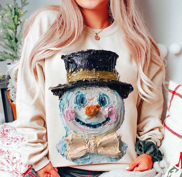 WS Faux Handpainted Frosty the Snowman Sweatshirt in Sand