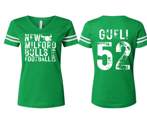 BULL New Milford Bulls Football Cheer Ladies Football V Neck T - Kelly Green