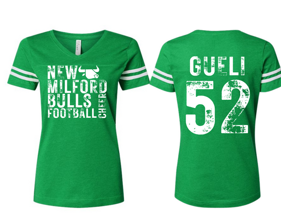 BULL New Milford Bulls Football Cheer Ladies Football V Neck T - Kelly Green