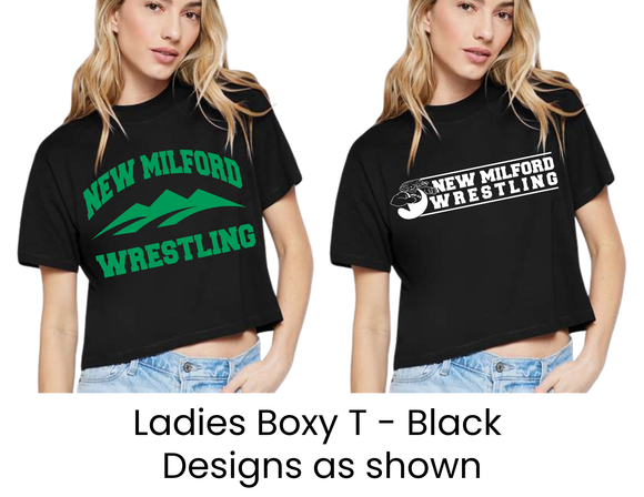 NMWA New Milford Wrestling Ladies Fit Boxy T in Black - Logos as Shown