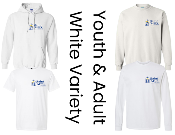 SMS St. Mary's School White Shirts with Small St Mary's Logo - Youth & Adult