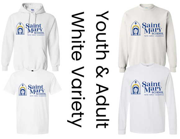 SMS St. Mary's School White Shirts with Big St Mary's Logo - Youth & Adult