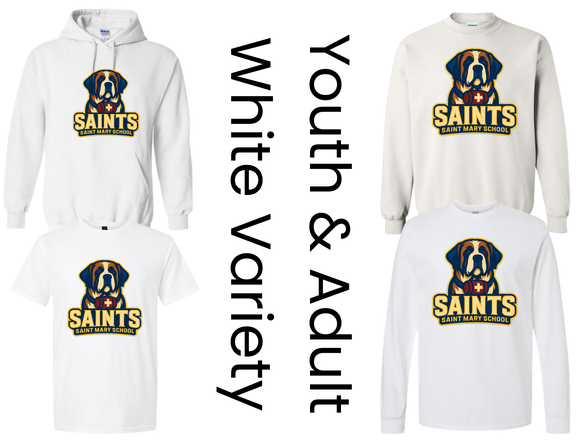 SMS St. Mary's School White Shirts with Big Dog Logo - Youth & Adult
