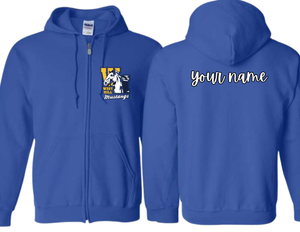 WHE Royal Blue Full Zip Sweatshirt with Logo on Front and Name on Back - Youth & Adult
