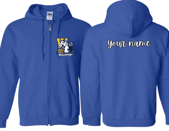 WHE Royal Blue Full Zip Sweatshirt with Logo on Front and Name on Back - Youth & Adult