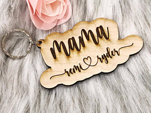 Mama Keychain with Names - handmade from white birch wood