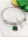 Glitter Green Silver Clover Charm Bracelet