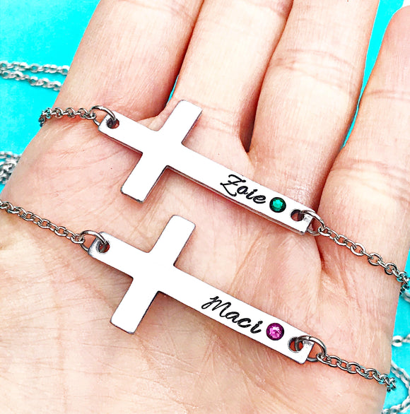 Hand Stamped Personalized Horizontal Cross Necklace - Communion, Confirmation, Easter Gift- - Lasting Impressions CT