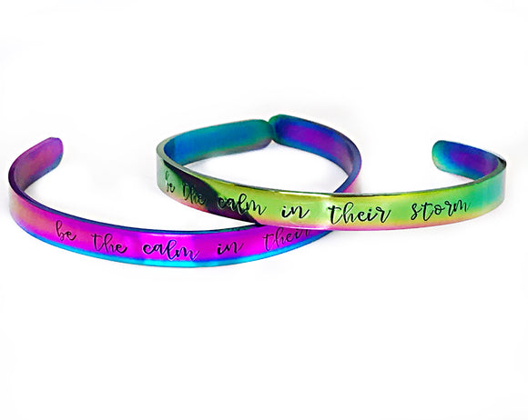 Rainbow Hand Stamped Personalized Stainless Steel Cuff Bracelet-Also available in Silver, Gold, and Rose Gold - Lasting Impressions CT