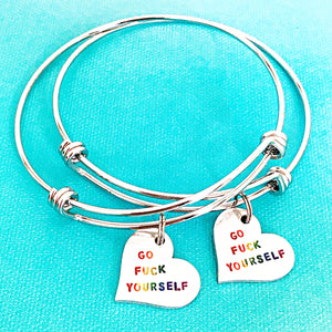 Snarky or Sweet Love Yourself or Go Fuck Yourself Rainbow Handstamped Bangle Charm Bracelet - Lasting Impressions CT