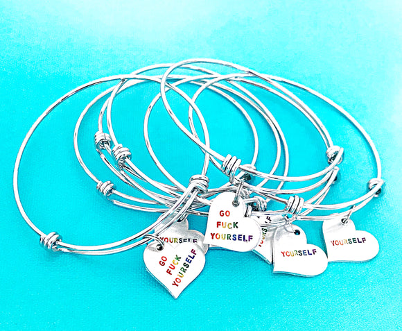 Snarky or Sweet Love Yourself or Go Fuck Yourself Rainbow Handstamped Bangle Charm Bracelet - Lasting Impressions CT
