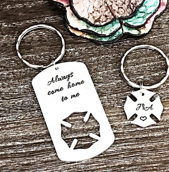 Firefighter Keychain His and Her Handstamped Set - Lasting Impressions CT