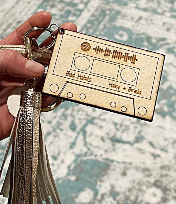 Cassette tape wood Spotify keychain