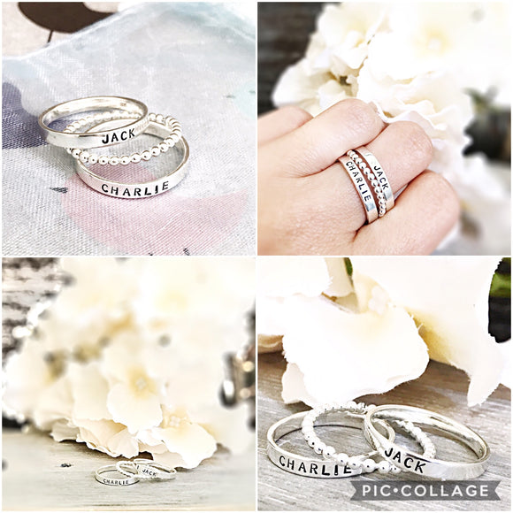 Sterling Silver Stacking Ring with Beaded Spacer Option - Mother's Name Rings - Lasting Impressions CT