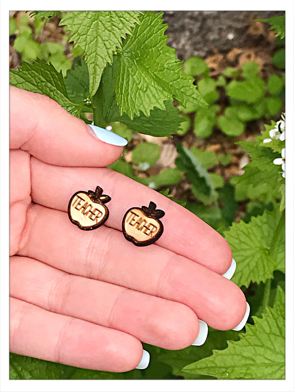 Wholesale | 10 pairs | Apple Teacher Birch Wood Stud Earrings