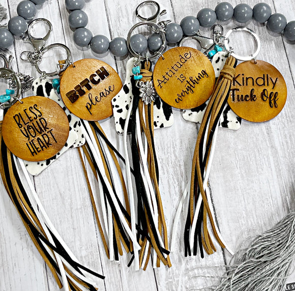 Wholesale | 10 | cow tassel keychain with engraved disk