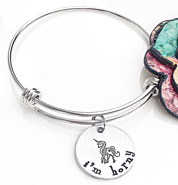 I’m Horny Hand Stamped Unicorn Bangle Charm Bracelet - Funny Gifts for Friends - Lasting Impressions CT