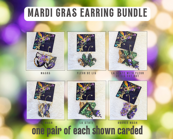 Wholesale | 6 pair Bundle | Mardi Gras Earrings Carded
